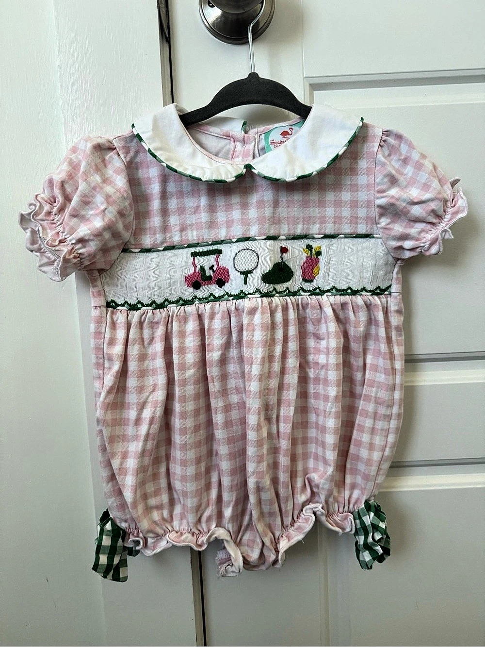 The Smockingbird Company Gingham Smocked Romper Baby 12M Like New